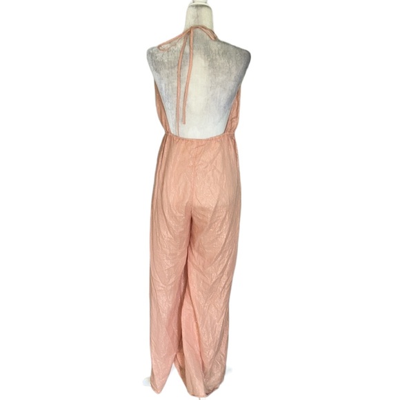 Urban Outfitters Winona Peach Metallic Gold Striped Halter Wide Leg Jumpsuit - L - Picture 10 of 16